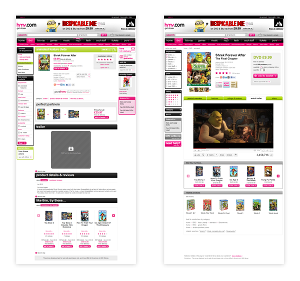 Ecommerce hmv.com redesign Entertainment Retail home page Product Page search user experience eliska krcmarova comparison