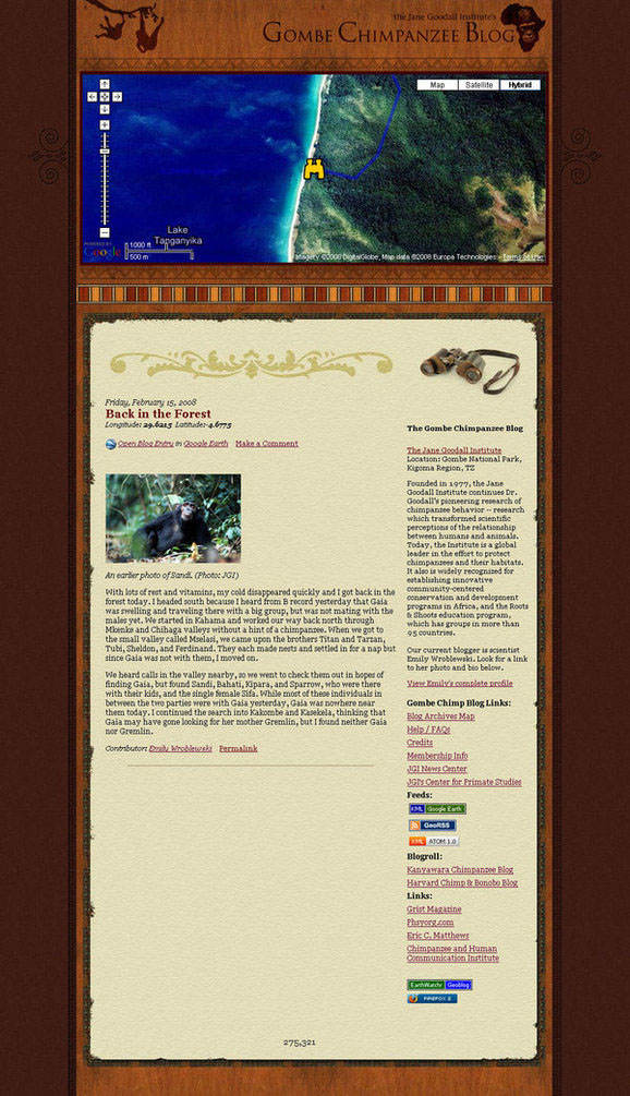 google maps web site Blog chimpanzee Jane Goodall non profit environmental Bryce Tugwell EarthWatchr™ earthwatchr earthwatcher