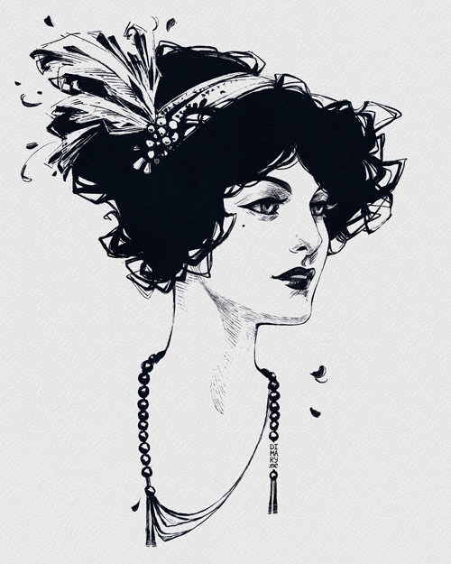 beauty digital ink fantasy ink Lady master study portrait Retro vintage watercolor