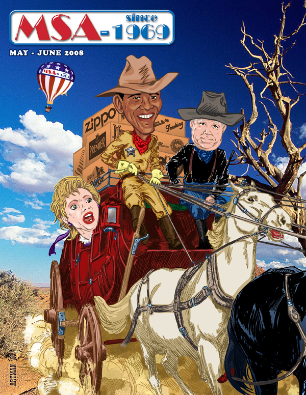 catalog design western cowboy stage coach politics Barack Obama Hillary Clinton john mccain blazing saddles sheriff cartoon pen and ink