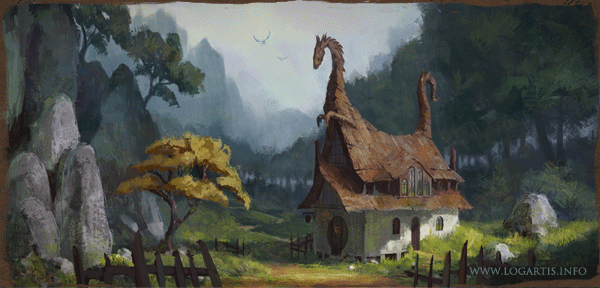 dragon inn Landscape cute house building grass Tree  forest fantasy