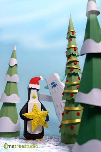 Christmas paper sculpture origami  paperart animals yeti Bigfoot penguin christmas Tree Tree  trees winter Holiday Greetings card scene