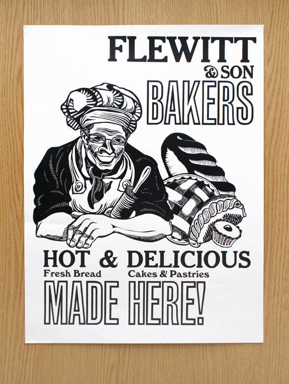 Adobe Portfolio letterpress Promotion baker lino linocut print printmaking type poster press wooden type cakes illustrated graphic Food 