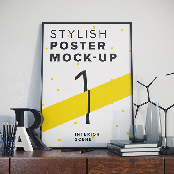 poster mock-up template Render contemporary modern 3d render showcase presentation print Mockup mockups stylish Interior