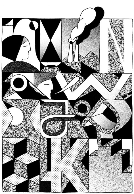 illustrations magazine New York black and white geometric shtetl city