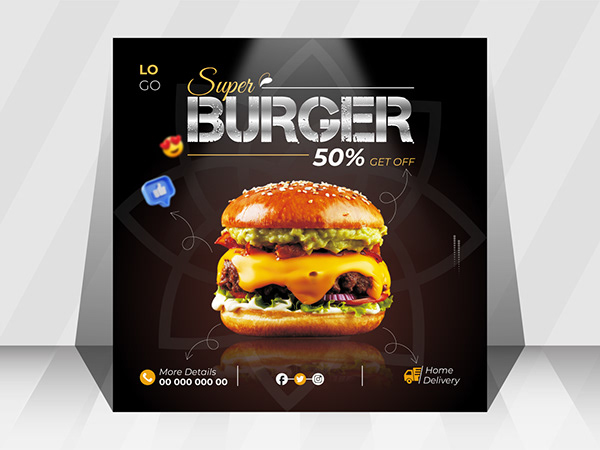Premium social post design templet with burger theme.