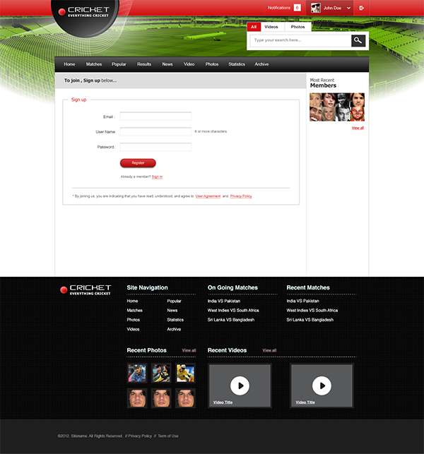 Cricket Interface Website Responsive Photo Retouching full site Forms timeline red White black HTML css bootstrap twitter