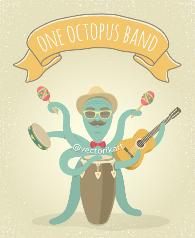 funky latino Hipster octopus Character cartoon emblem funny party concert flat Musical festival vector