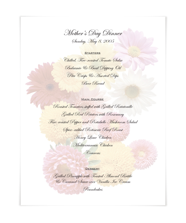 menu menus flower floral Mother's Day mom's day Black Friday