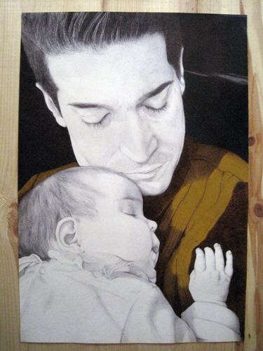 portrait baby bebe retrato dad padre black pen ochre acrylic yellow Veronica Llinares work on commission