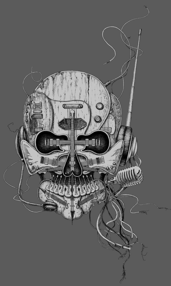 skull t-shirt tee Music Instrument guitar microphone punk Radio
