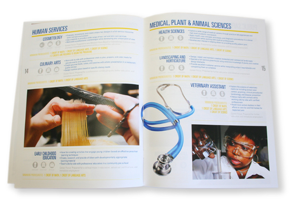school catalog Technical School book sans serif blue yellow student class