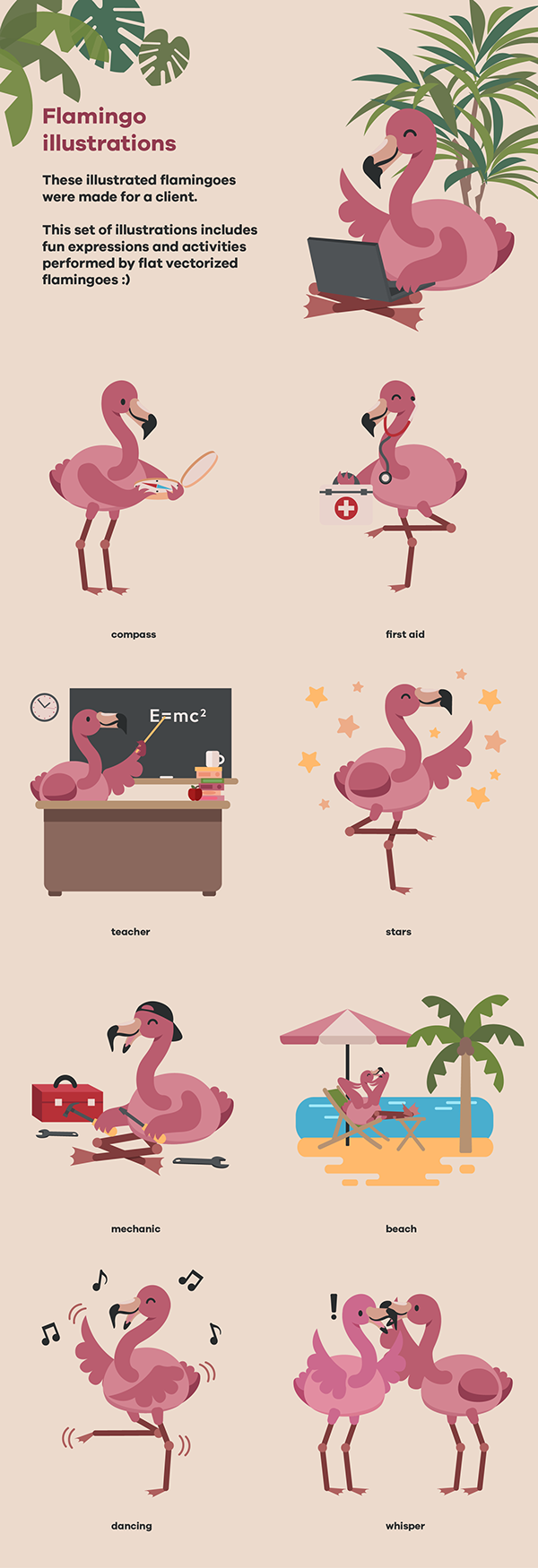Flamingo - Set of flat illustrations