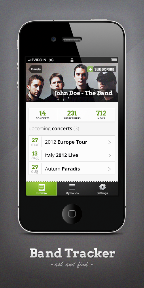 Mobile app iphone design band app design green clean apple style inovative Table View