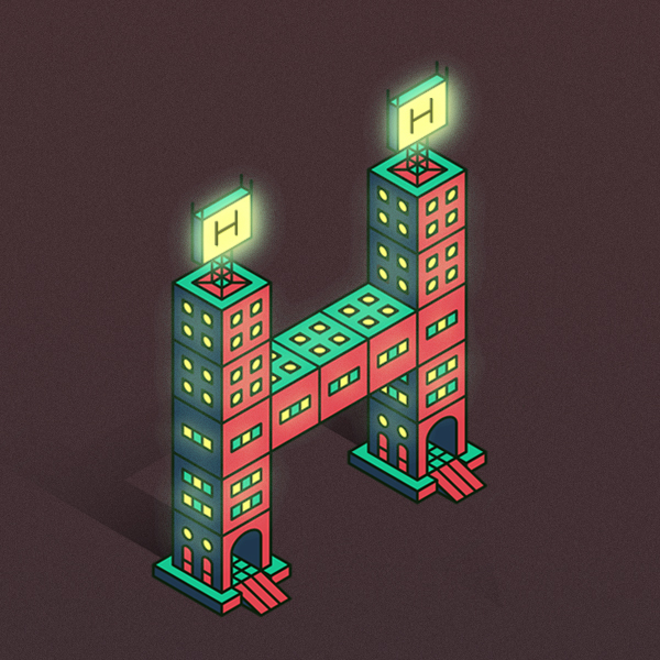 Urban night neons Isometric vector type city