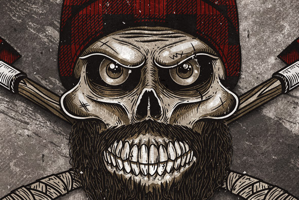 lumberjack skull bones Crossbones buffalo plaid pattern Distress grunge texture print art poster axe beard detail