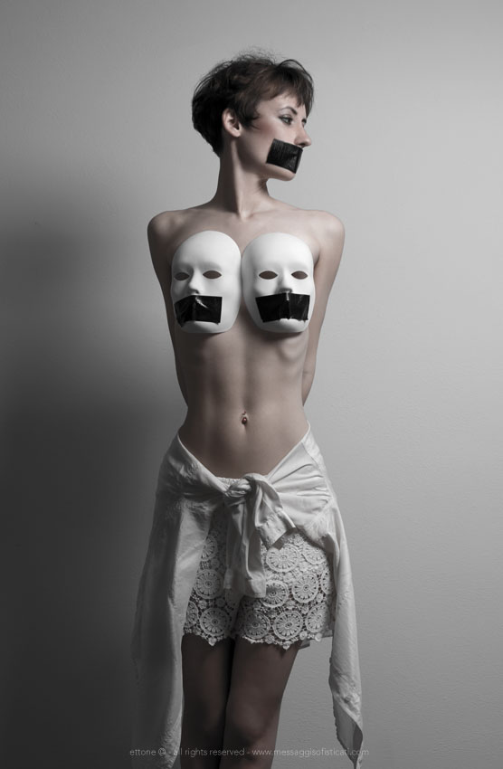censured mask White dark darkness gagged tape SILK shirt blouse Style makeup mannequin plastic