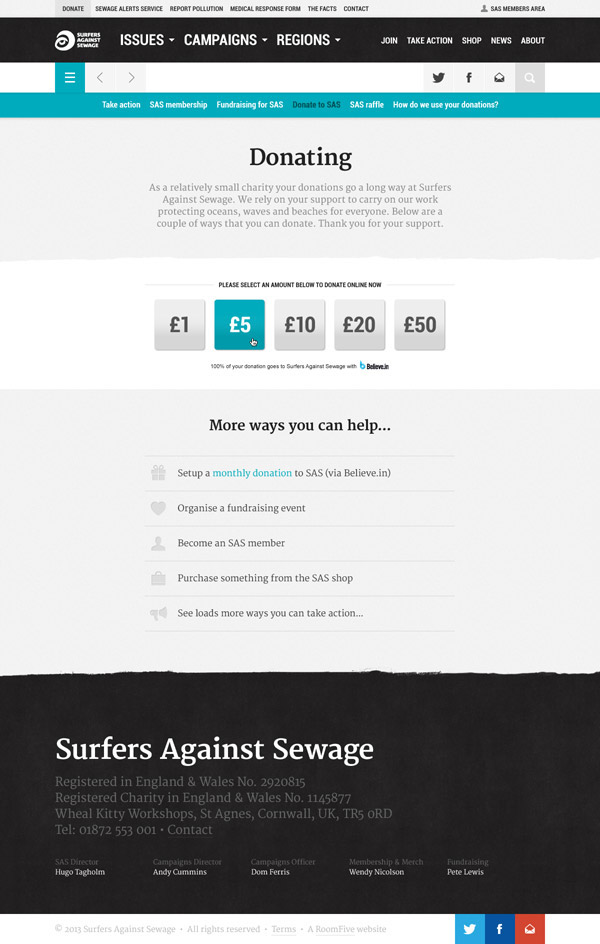 Responsive  website charity surfing environment non-profit Ocean activism mobile marine e-commerce shop donating surfers against sewage
