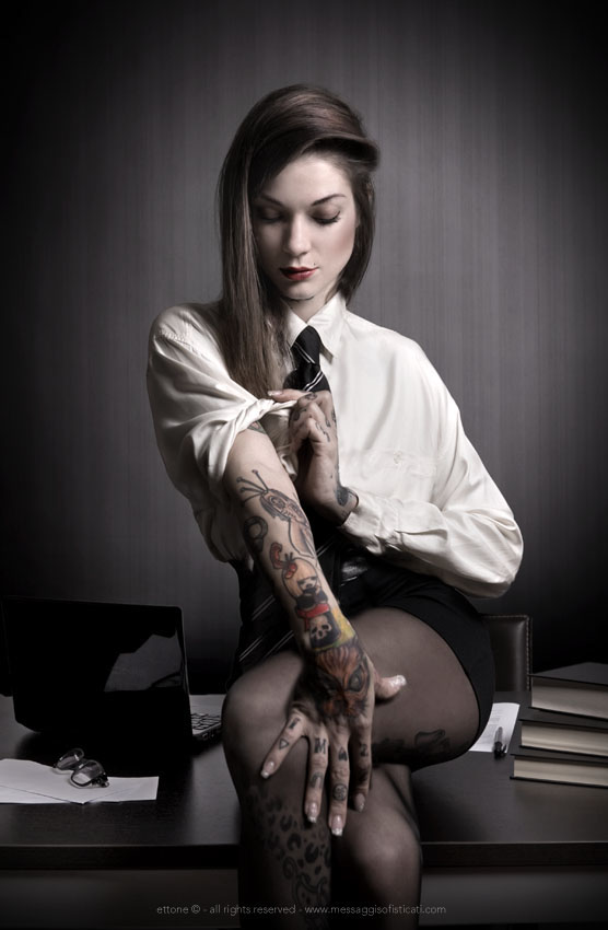 tattoo dark secretary SILK blouse Office Nature provocative outsider outside black White pin-up