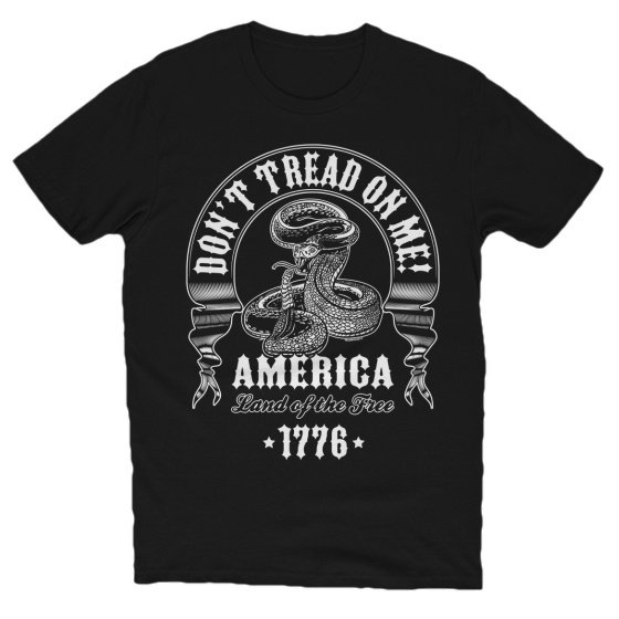 Traditional black and white rattlesnake with Don't Tread on Me banner at eShirtlabs.
