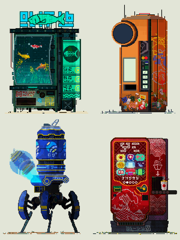 Cyberpunk Pixel art 8-bit gif sci-fi vending machine fish mech animation  Retro