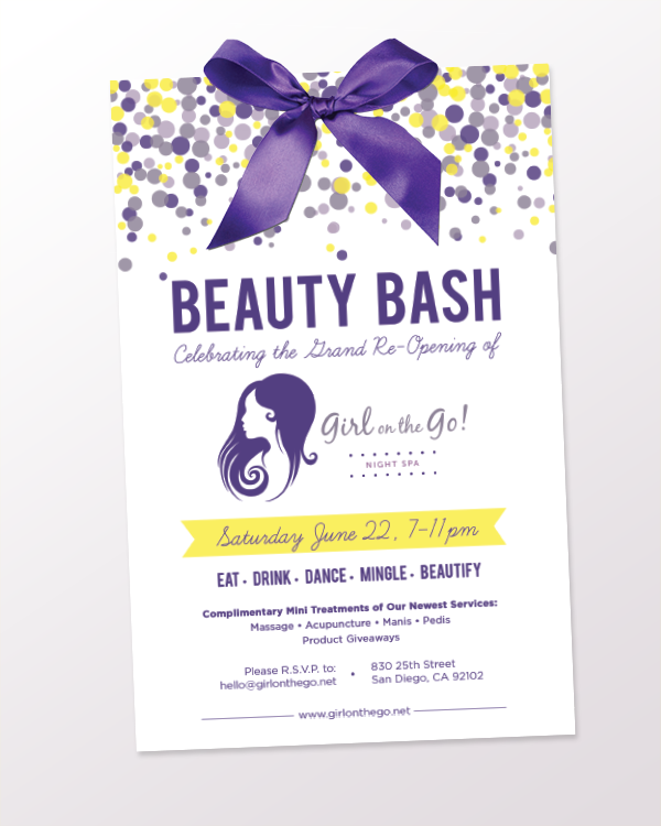 Invitation beauty Spa salon esthetician party purple lavendar feminine girly women woman brochure flyer flier