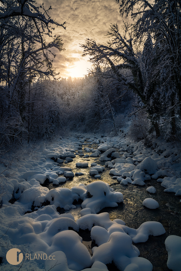 winter rland snow glow austria river forest sunset Mystic