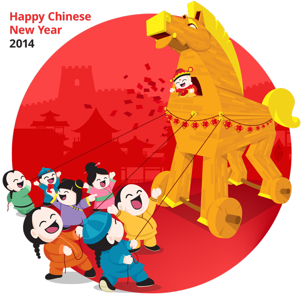 chinese new year cny trojan horse Troy wood prosperity indra katik hongbao red festive greeting