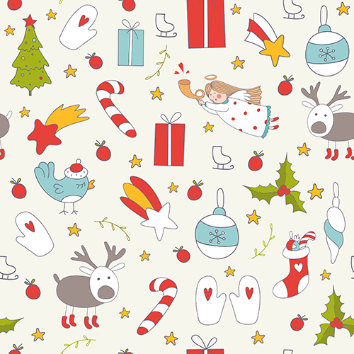 Christmas seamless pattern doodle angel cute elements candy stick deer design wreath wallpaper Wrapping paper Santa Claus colorful