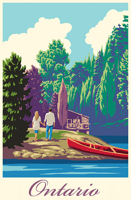 retro travel art river and forest scene illustration 
