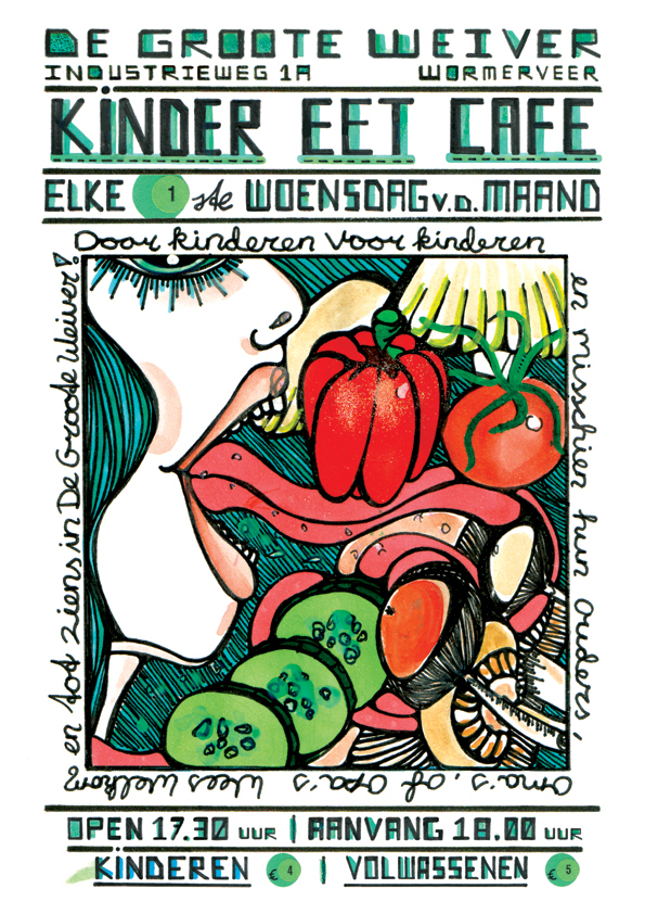 Vegetarian cooking Cultural events handdrawn paper ink LindaWillemszoon children tomatoes Paprika blue hair emerald eat GigPoster jazz