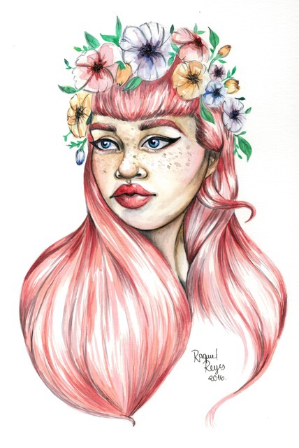 watercolors portait kawaii pinkhair floral art
