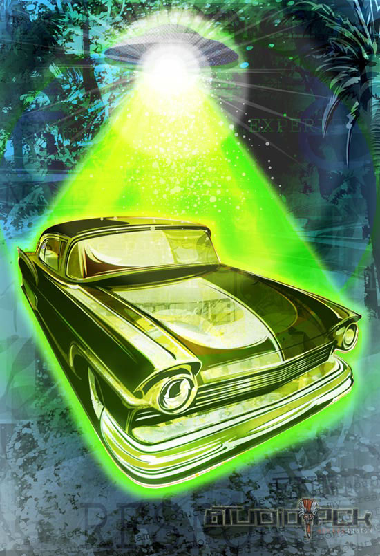 Cars science fiction scene Landscape set automotive art airbrush neon action night dark nostalgia Retro 1950's Space  interstellar spacecraft lighting