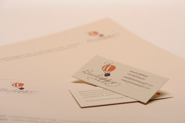 beehappy gift identity logo print graphic letterhead envelope business card invite Stationery orange bee Parachute type font Script