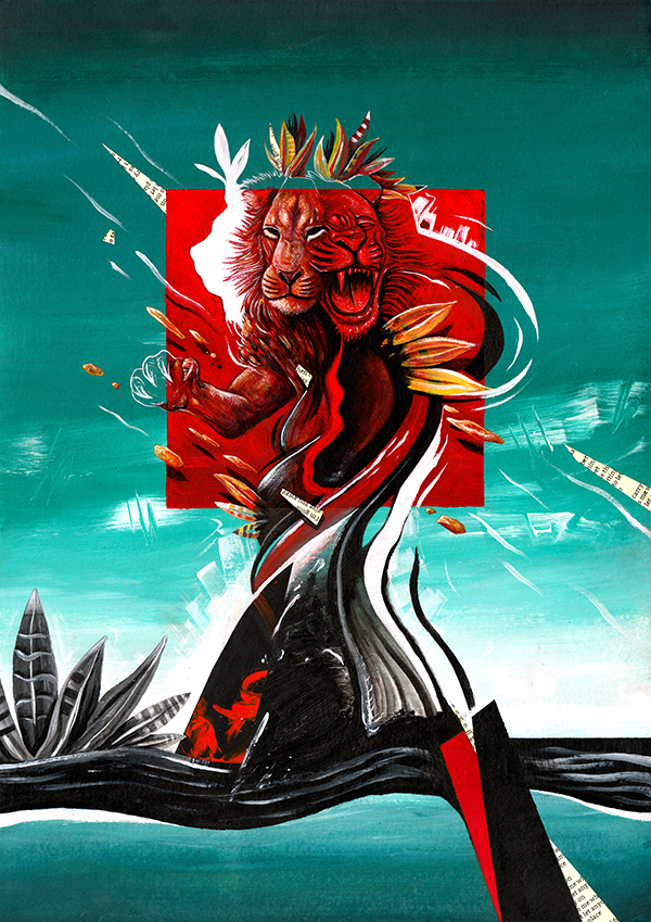 Exhibition  lion art design rock abstract golden Bristol reggae vibrant manning tom media mixed ink