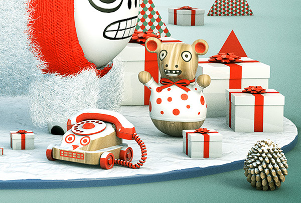 Happy Holidays Illustrative 3D Christmas toys ice skating vintage reindeer christmas Tree art
