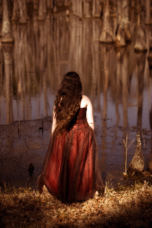 dear ophelia Shakespeare modern twist drowning water swamp woods forest trees paths trails journey suicide contemplation death girl female model long hair renaissance love loss 50mm