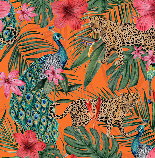 jaguar peacock wildlife Wildlife Illustration tropical print tropical pattern Clothing Pattern textile designer Clothing Print watercolor