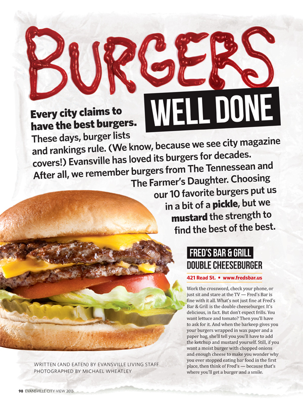 Evansville feature design magazine feature magazine layout  Burgers  ketchup letters
