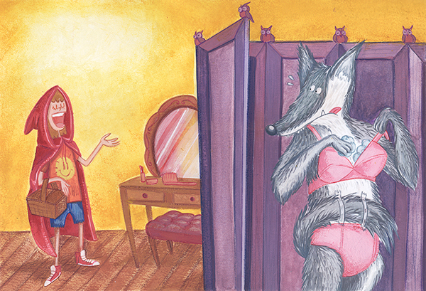 wolf gouache colored pencils composition Red riding hood children's book