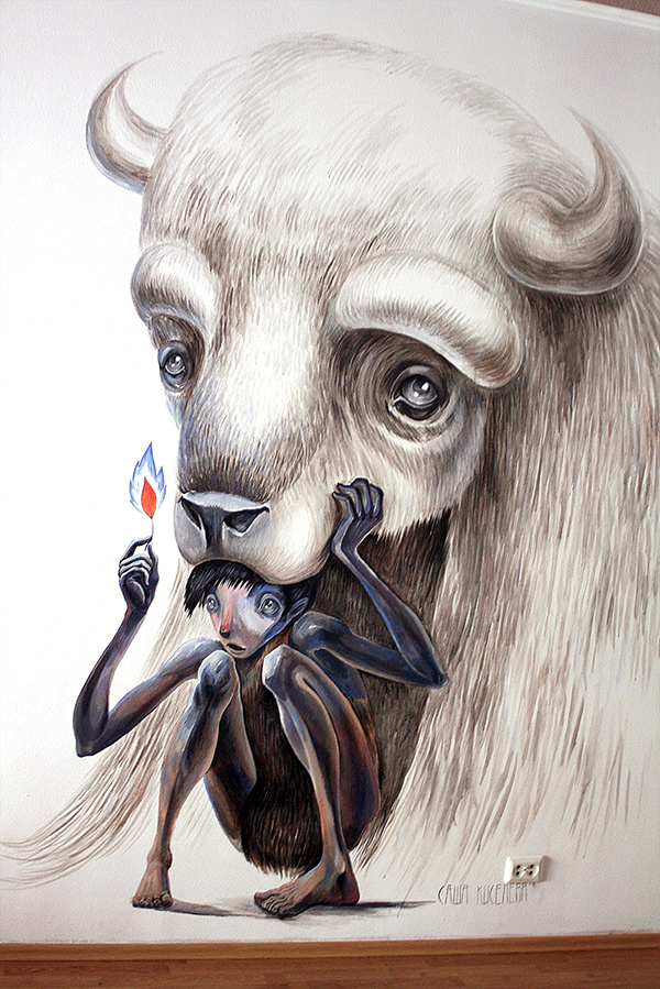Mural FOX boy птица говорун sasha kiseleva acrylic paints Montana goat Ecology crow Space 