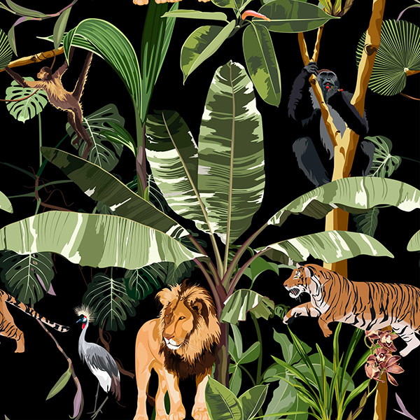 Seamless pattern with palms andexotic animals.
