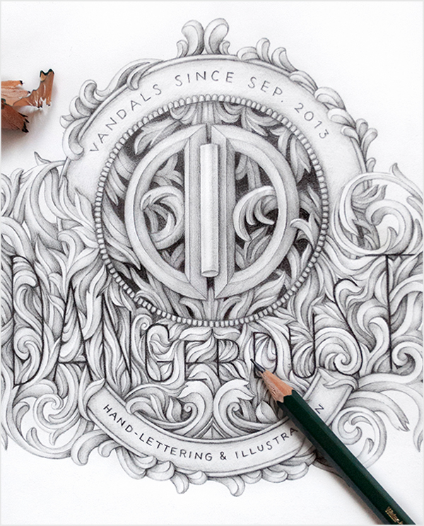 brandiing logo dangerdust pencil sketch graphite ornate crest emblem