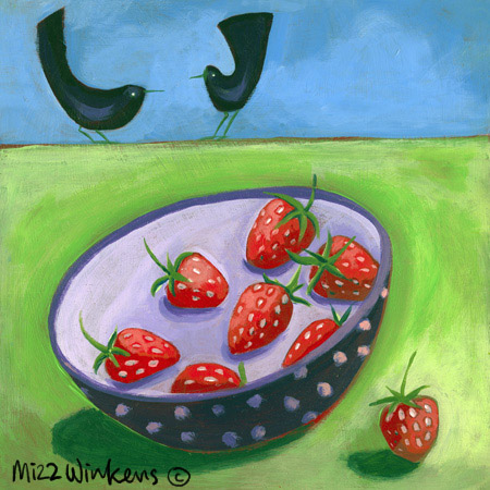 strawberries bowl blackbirds summer acrylic garden