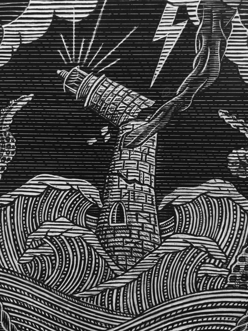 tarot Tarot Cards the tower kraken sea monster monster waves Ocean scratchboard lines sea lightening storm chaos