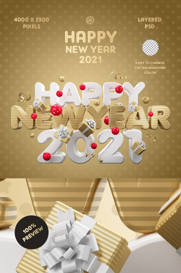 3D Christmas gift gold green happy new poster psd