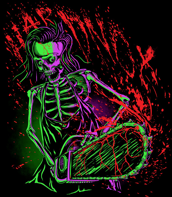 skull chainsaw blood spray skeleton neon monster horror t-shirt
