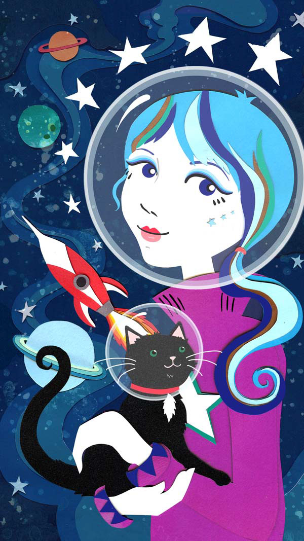Microsoft app tile art Space  astronaut Cat rocket cosmic stars collage app art mobile art kitty 1960's Retro