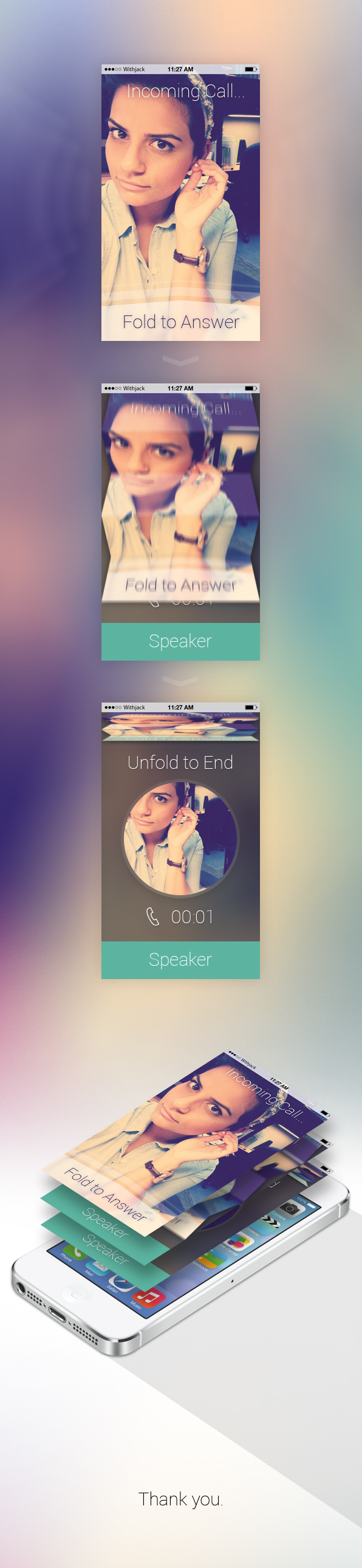 UI ux user interface user experience long shadow iphone 5 ios7 fold folding ui folding design phone call clean thin font blurry background  dimensional