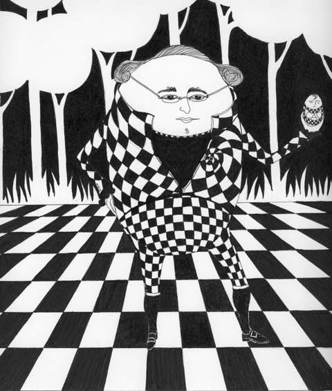 pen and ink  Humpty Dumpty black and white egg Mother Goose fairy tale characters archival pen bristol board